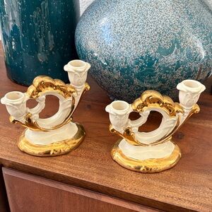 Decorative White and Gold Porcelain Double Candle Holders